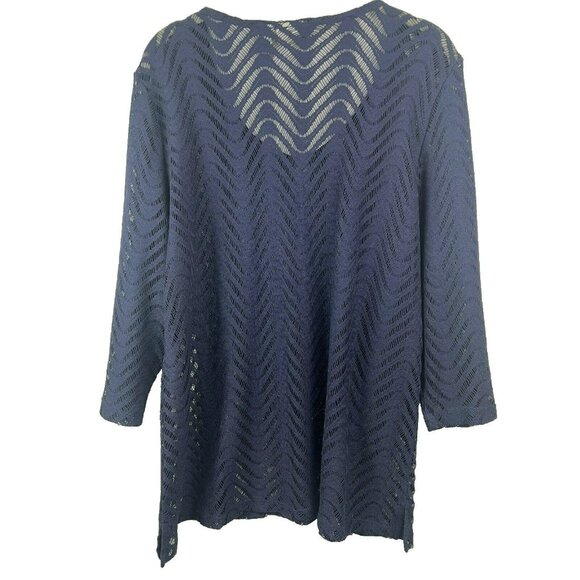 Chico’s Top Crochet Mesh 3 US XL Open Blue 3/4 Sleeve Blouse Pullover Bohemian - Picture 5 of 7